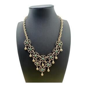 Vintage Flowers With Green Glass Stones Gold-tone Choker 15 Inches